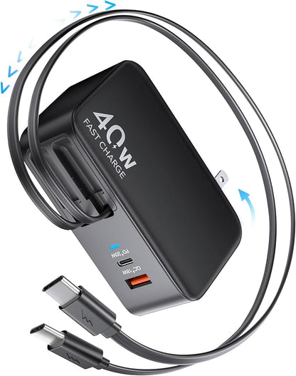 Retractable USB C Charger Wall Plug with Dual 35.5in/90cm Type C Cables Cords,40W Fast Charging Foldable Block Multi Charger for All Devices for iPhone 16/15/14/13/12/11,iPad,Galaxy,Pixel