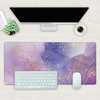 Desk Mat, Purple Rose and Lavender Liquid Marble Extended Gaming Mouse Pad Large, 35.4"x15.7" Big Mouse Pad with Non-Slip Base and Stitched Edge, Long Computer Keyboard Mouse Mat for Home Office Work