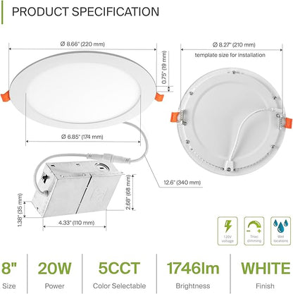 ASD 1 Pack 8 Inch LED Recessed Light 20W, 5 CCT 2700K-5000K CRI90+, IC Rated Ultra Thin Dimmable Ceiling Lights with J Box, Canless Wafer Downlight, Round Slim Panel Lighting, UL Listed, White