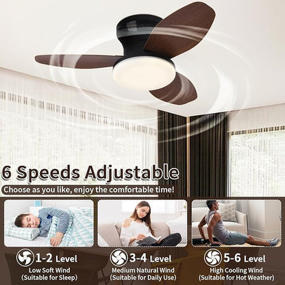 Glowall Small Ceiling Fan with Lights and Remote, 25 Inch Flush Mount, Reversible Quiet DC Motor, 3 Blades, 6 Wind Speeds, Dimmable LED, Adjustable Color Temperature, Timer