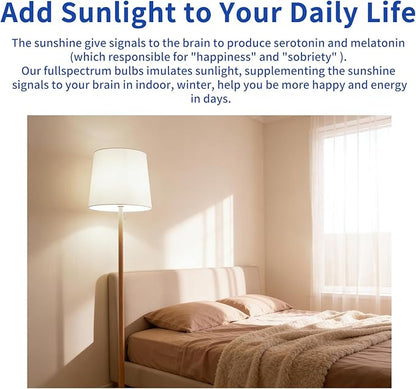 LQ BSDERA 3PK Full Spectrum Light Bulbs, 9W, 6000K Natural Light That Mimic Sunlight, Boosts Mood, Energy, Focus, A19, Sunlike Happy Light Bulbs with E26/27 Base for Most Lamps
