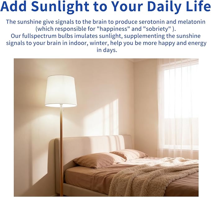 LQ BSDERA 4PK Full Spectrum Light Bulbs, 9W, 6000K Natural Light That Mimic Sunlight, Boosts Mood, Energy, Focus, A19, Sunlike Happy Light Bulbs with E26/27 Base for Most Lamps