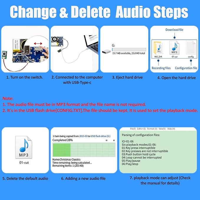 XLW Module - 16MB Push Button Activated Sound Module with Speaker, Type-C Cable, and Easy Recording Capability16 Minutes for Personalized Greetings, DIY Projects, and Holiday Crafts (Blue-2Pack)