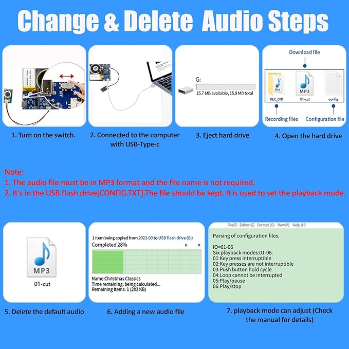 XLW Module - 16MB Push Button Activated Sound Module with Speaker, Type-C Cable, and Easy Recording Capability16 Minutes for Personalized Greetings, DIY Projects, and Holiday Crafts (Blue-1 PC)