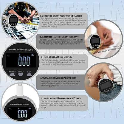 Digital Measuring Wheel USB Rechargeable 652.8ft/199m High Precision Measurement with LCD Display Portable Smart Distance Measurer for Flat Curved Diameter Irregular Surfaces