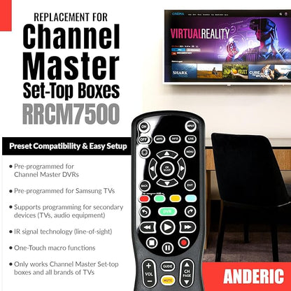 ANDERIC RRCM7500 for Channel Master DVR Remote Control CM7500XRC2 Replacement Remote for Channel Master - Works 100% - Works CM7500XRC2, CM7500GB16, CM7001, CM7004, CM7500TB1