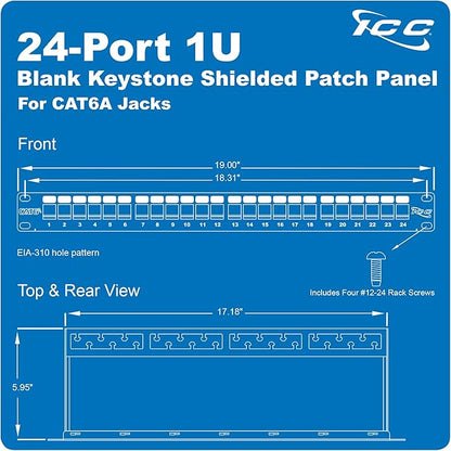 ICC 24-Port Blank Keystone Shielded 1U Patch Panel with 19” Rackmount Housing and Cable Support Bar for Slim Profile Keystone Jacks (Sold Separately), Protects Against EMI, UL Listed, IC107PPS6A