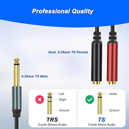 XMSJSIY 1/4" 6.35mm TS Mono Splitter 1 to 2 Audio Y Splitter Cable Adapter 6.35mm TS Male to Dual Female Mono Guitar Signal Audio Cord Gold Plaed for OFC HiFi TS Speaker Microphone Headphone-2M/6.5FT