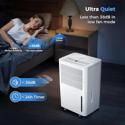 2,500 Sq Ft Portable Home Dehumidifier with Drain Hose, 74 OZ Water Tank, 24 Hr Timer, 3 Modes High Efficiency Compressor for Basement, Bedrooms, Bathrooms and Laundry Rooms
