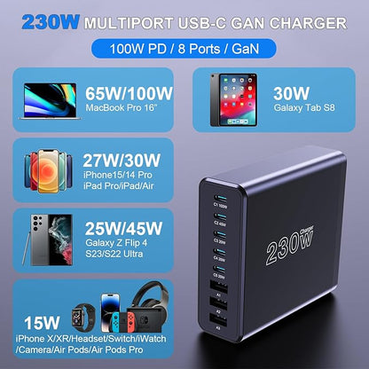 230W USB C Charging Station, Graaci Compact 8 Ports GaN Desktop Charger, PD 100W PPS 45W Super Fast Charger, Laptop Wall Charger Block for MacBook Pro, iPad, iPhone 15/14, Galaxy S24/S23, and More