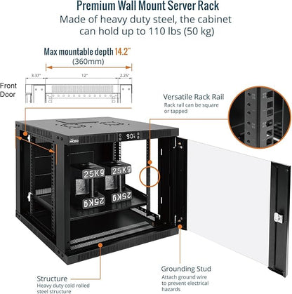 Tecmojo 9U Wall Mount Rack with Thermostat, 17.7inch Depth Enclosed Server Cabinet with 2 Cooling Fans,Lockable Door & Hardware,9U Rack for 19inch Equipments,Glass Door