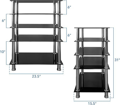 Mount-It! Tempered Glass AV Component Media Stand, Audio Tower and Media Center with 5 Shelves, 220 Lbs Total Capacity, Black Shelves Chrome Legs (MI-8671)