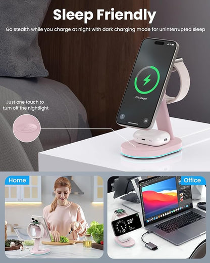 3 in 1 Wireless Charger Charging Station for iPhone,Qi2 Certified 15W Magnetic Charging Stand for Mag-Safe with 30W USB C Adapter&Friendly Night Light for iPhone 16/15/14/13/12,Apple Watch,AirPods