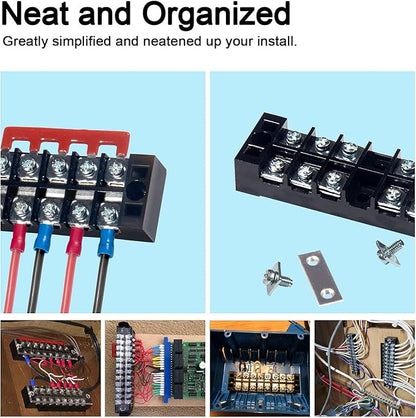 MILAPEAK Terminal Block and Strip - 6 Sets 8/10/12 Positions 600V 15A Dual Row Wire Screw Terminal Strip Block with Cover + 400V 15A Pre-Insulated Terminals Barrier Strips Jumpers (Black & Red)