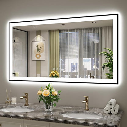 YEELAIT 55x30 Inch LED Bathroom Mirror with Lights (Front Lit and Backlit) Black Framed Lighted Vanity Mirror for Bathroom Wall Dimmable Anti-Fog Memory Tempered Glass Horizontal/Vertical