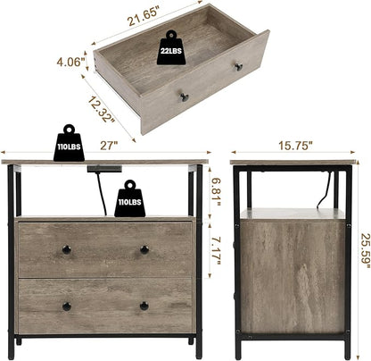 Edbuosy 27 inch Wide Night Stand with Charging Station, Bedside Table with Open Shelf, 2 Drawers Small Wood Dresser, Modern Wood Nightstand for Bedroom/Living Room (Rustic Gray)