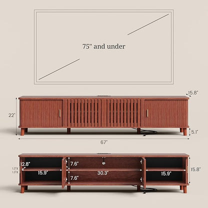 UPOSOJA TV Stand with Fluted Sliding Doors & Adjustable Shelves, Charging Station,RGB LED Lights,Media Console, 67 Inches, with Wire Management, for TVs up to 75 Inches
