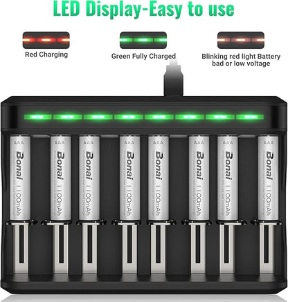 BONAI AAA Rechargeable Batteries, 8 Pack 1100mAh NiMH Batteries with Smart Universal Battery Charger