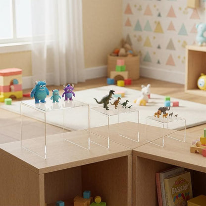 Chuangdi 2 Sets Acrylic Display Risers, Product Stand, Jewelry Display Riser Shelf Showcase Fixtures for Dessert Cupcake Candy Figure Treat Action Showcase(Clear,Medium Set)