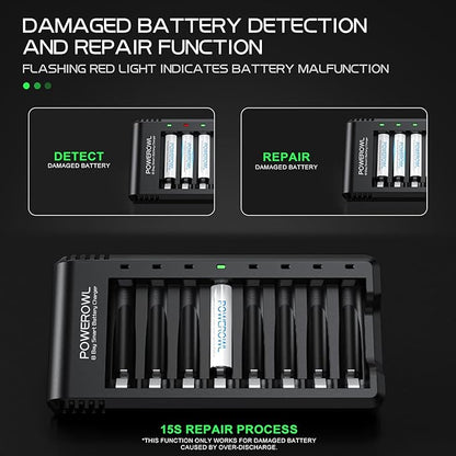 POWEROWL 8 Bay AA AAA Battery Charger, USB High-Speed Charging, Independent Slot, for Ni-MH Rechargeable Batteries, No Adapter