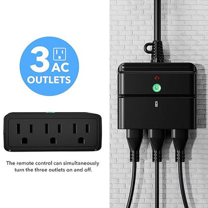 BN-LINK Outdoor Indoor Wireless Remote Control 3-Prong Outlet Weather Proof Heavy Duty 15 AMP Compact (Black) 3 Grounded Outlets with Remote 6-inch Cord 100ft Range ETL Listed
