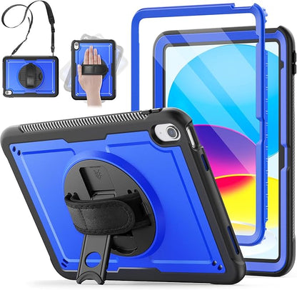 SCSVPN Case for iPad (A16) 11th Generation 11 Inch 2025 / 10th Generation 10.9 Inch 2022, Shockproof Protective Case with Screen Protector, Pencil Holder, Rotating Stand, Hand/Shoulder Strap - Blue