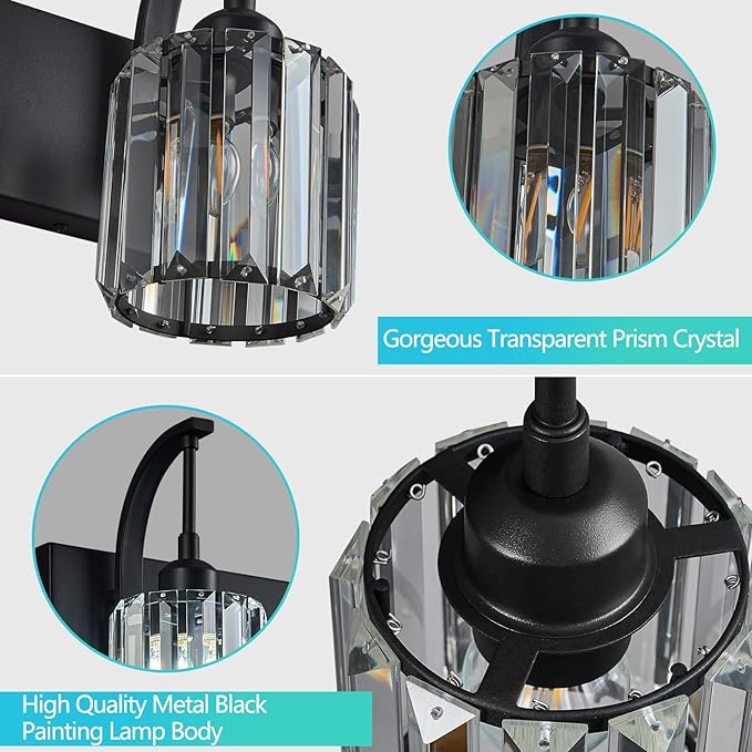 FDPBY 6-Light Crystal Vanity Light, Black Modern Wall Sconce with K9 Crystal Shades, 51.18" Long Over Mirror Lighting for Bathroom, Makeup, Hallway, Elegant & Easy Install