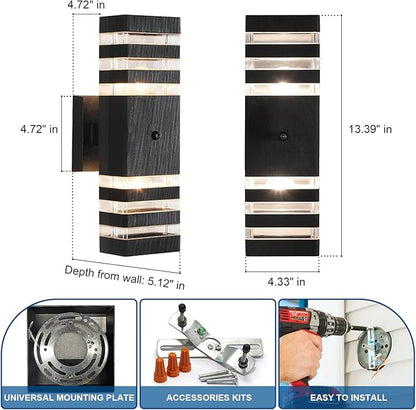 Delicavy 2PK Dusk to Dawn Sensor Outdoor Wall Lights Up Down Porch Lights Modern Exterior Light Fixtures Photocell Waterproof Black Aluminum Housing for Front Porch, Patio, Garage (Use Two E26 Bulbs)