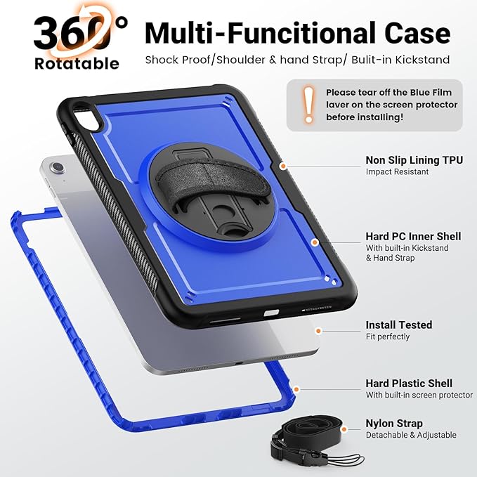 SCSVPN Case for iPad (A16) 11th Generation 11 Inch 2025 / 10th Generation 10.9 Inch 2022, Shockproof Protective Case with Screen Protector, Pencil Holder, Rotating Stand, Hand/Shoulder Strap - Blue