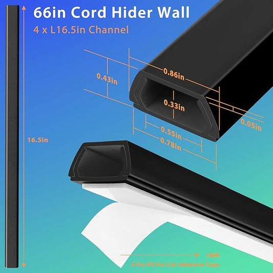 66in YCLYC Wire Covers for Cords Kit, Black Wall Cord Hider Hide Cords, Cord Covers for Wires on Wall, TV Cable Hider Wall Kit, Easy to Install Cord Cover, Cable Management Wall 4XL16.5 W0.86 H0.43in