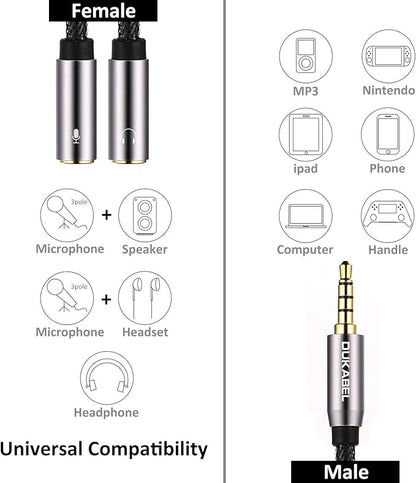 DUKABEL Headsets Splitter Adapter, 3.5mm Jack Separate Headphone & Mic Plug Adapter 3.5mm Combo Audio Adapter Cable for PS4 Gaming Headset PC Xbox One Laptop -<11inch/30CM>