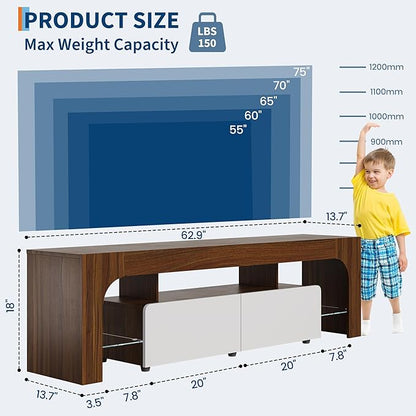 IDEALHOUSE LED TV Stand for 55 to 75 Inch TV, Walnut Entertainment Center with Storage Drawer & Glass Shelves, Modern TV Console Table with Color Changing Lights for Living Room Bedroom