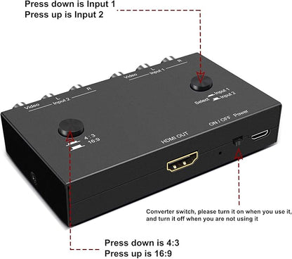 ZUZONG 2 RCA to HDMI, 1080P 2 Way RCA Composite CVBS AV Switch to HDMI Video Audio Converter Adapter Supporting 4:3/16:9, for PC Laptop Xbox PS2 PS3 N64 NGC SNES WII VHS VCR Camera DVD