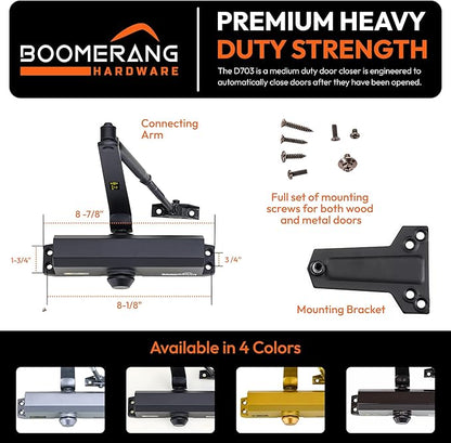 Boomerang Medium Duty Automatic Commercial Door Closer - D703 Hydraulic UL 3 hr. Fire Rated Closer, Surface-Mounted Size 3 for Home & Light Commercial Doors, Matte Black (US19)