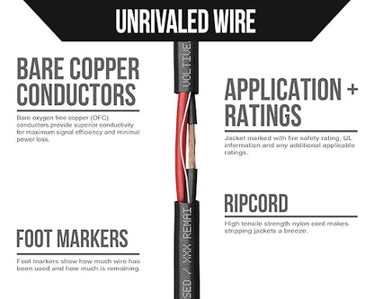 Voltive 10/2 Speaker Wire, Plenum CL3P, Black, 250ft - 10AWG, 2 Conductors, Stranded Oxygen-Free Copper, UL Listed - V-1240-1