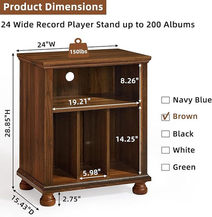 Joaxswe Record Player Stand with Vinyl Record Storage, 24" Wide Mid-Century Record Player Table Up to 200 Albums,Large Wood Turntable Stand Cabinet Dispaly Shelf for Living Room,Bedroom,Brown