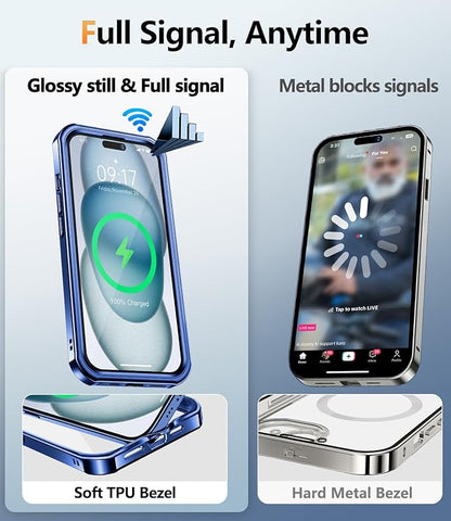 [360° Rotatable CD Stand & Built-in Privacy Screen Magnetic Case for iPhone 15 [Compatible with MagSafe & Full Signal] Mil-Grade Shockproof Full Body Anti-Spy Cover for 15-Blue