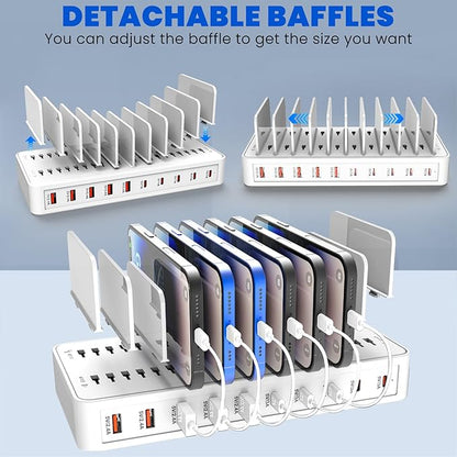 RISWOJOR Charging Station for Multiple Devices, 100W 10 Ports Charging Dock with 10 Cables Smart IC Tech and Adjustable Dividers Type-C，Multi USB Charger for iPhone Galaxy iPad Tablet，White