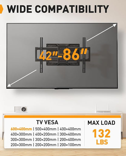 Perlegear Full Motion TV Wall Mount for Most 42–86 inch Flat Curved TVs up to 132 lbs, 12″/16″ Wood Studs, Bracket with Articulating Arms, Swivel, Tool-Free Tilt, Max VESA 600x400mm PGLF12