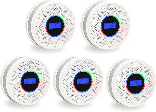 10-Year Battery Smoke and Carbon Monoxide Detector, 2-in-1 Smoke CO Alarm with Digital Display, Reliable Fire and CO Alarm for Home, Bedroom, Kitchen (5 Pack)