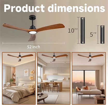 Gaizw 52 Inch Ceiling Fans with Lights and Remote Control,Quiet DC Motor 3 Blade Ceiling Fan with Light for Bedroom,Patio Living Room,Office,Indoor and Outdoor Fan, Walnut Wooden Fans of Ventilation