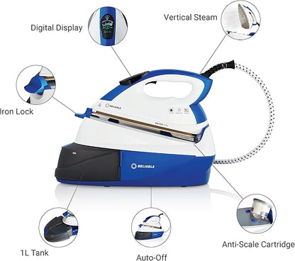 1500W Ironing Station with Ceramic Soleplate, Iron Lock for Easy Carry, 1 Ltr Removable Water Tank and Auto Shut-Off, Digital Display, Continuous Home Steam Iron