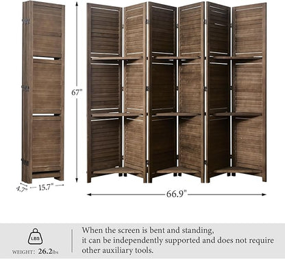 Partition Room Dividers, Folding Wood Privacy Screen with Three Display Shelves Suitable for Home Office, Study, Art Display - 6 Panel, 67 * 77inch (Brown)