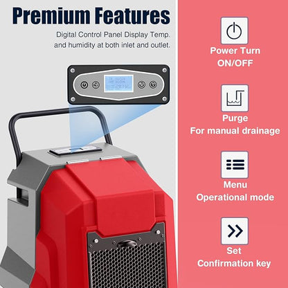 MOUNTO 180Pints Commercial Dehumidifier with Pump and Drain Hose, LGR Portable Dehumidifier with wheels for Home, Basements, Garages, and Job Sites. (Red)