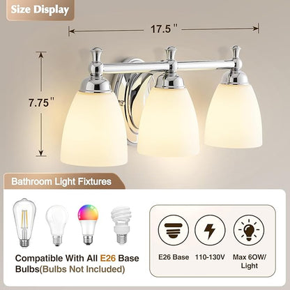 EJIAXIN Bathroom Light Fixtures, 3 Light Bathroom Lighting Fixtures Over Mirror Wall Mounted Lighting Chrome Vanity Light for Living Room Cabinet