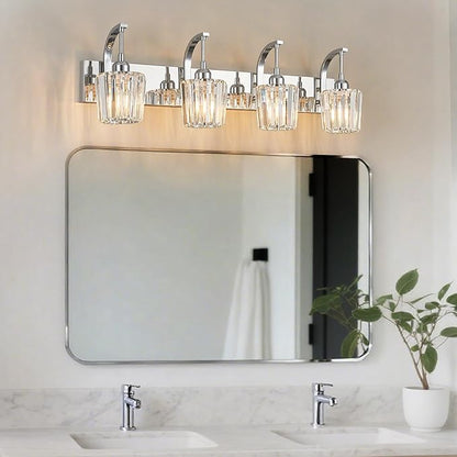 FDPBY Modern Bathroom Vanity Light, 4-Light Chrome Wall Sconce with Crystal Accents, Over Mirror Bathroom Lighting Fixture, 32.67" Long Dimmable Vanity Lamp for Makeup, Easy Installation