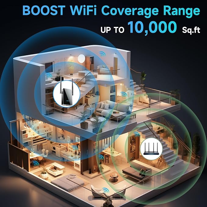 2026 WiFi Extender Signal Booster, New Gen Internet Booster for Home, 4X Faster, Covers up to 10,000 sq.ft, Wi-Fi Repeater with Ethernet Port, Wireless Long Range Amplifier, Easy Setup (Black)
