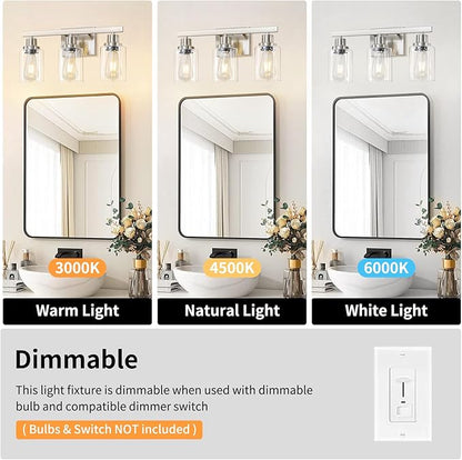 DIKAIDA 3-Light Bathroom Light Fixtures, Nickel Bathroom Vanity Light with Clear Glass Shade, Modern Bathroom Wall Lights Over Mirror, Farmhouse Wall Sconces Lighting for Bedroom Living Room