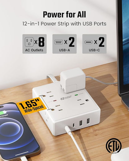 Flat Plug Surge Protector Power Strip, 6ft Ultra Thin Extension Cord with 4 USB (2 USB C Port), 8 Outlets Desk Charging Station, Wall Mountable Outlet Extender for Home Office, College Dorm Room