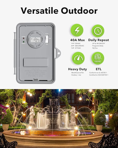 BN-LINK Pool Pump Timer, Outdoor Timer Box, Heavy Duty, 2HP 40A Max, 120, 240, 277 VAC, for Pool Pump, Water Heater, Fans, SPA, ETL Listed (Digital)